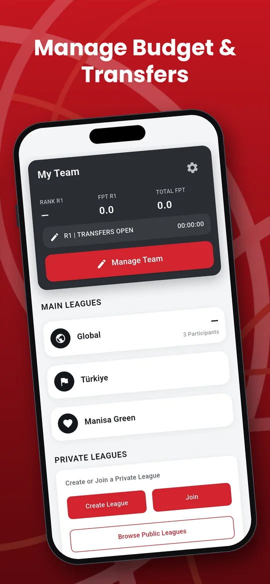 SetPoint team and leagues screen